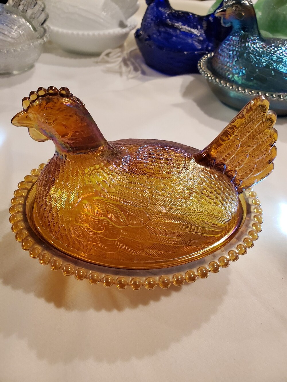 Indiana Glass Beaded Edge Marigold Golden Carnival Hen On Nest Candy